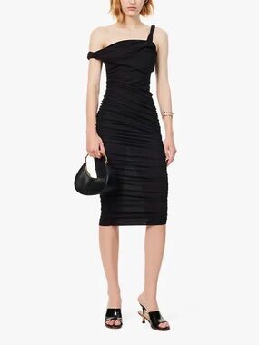 Reformation x Laura Harrier Off-Shoulder Ruched Black Midi Dress